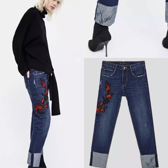 Zara Denim - ZARA Trafaluc Denim Floral Cigarette Embroidered Raw Dark Wash Hem Jeans Sz 2
